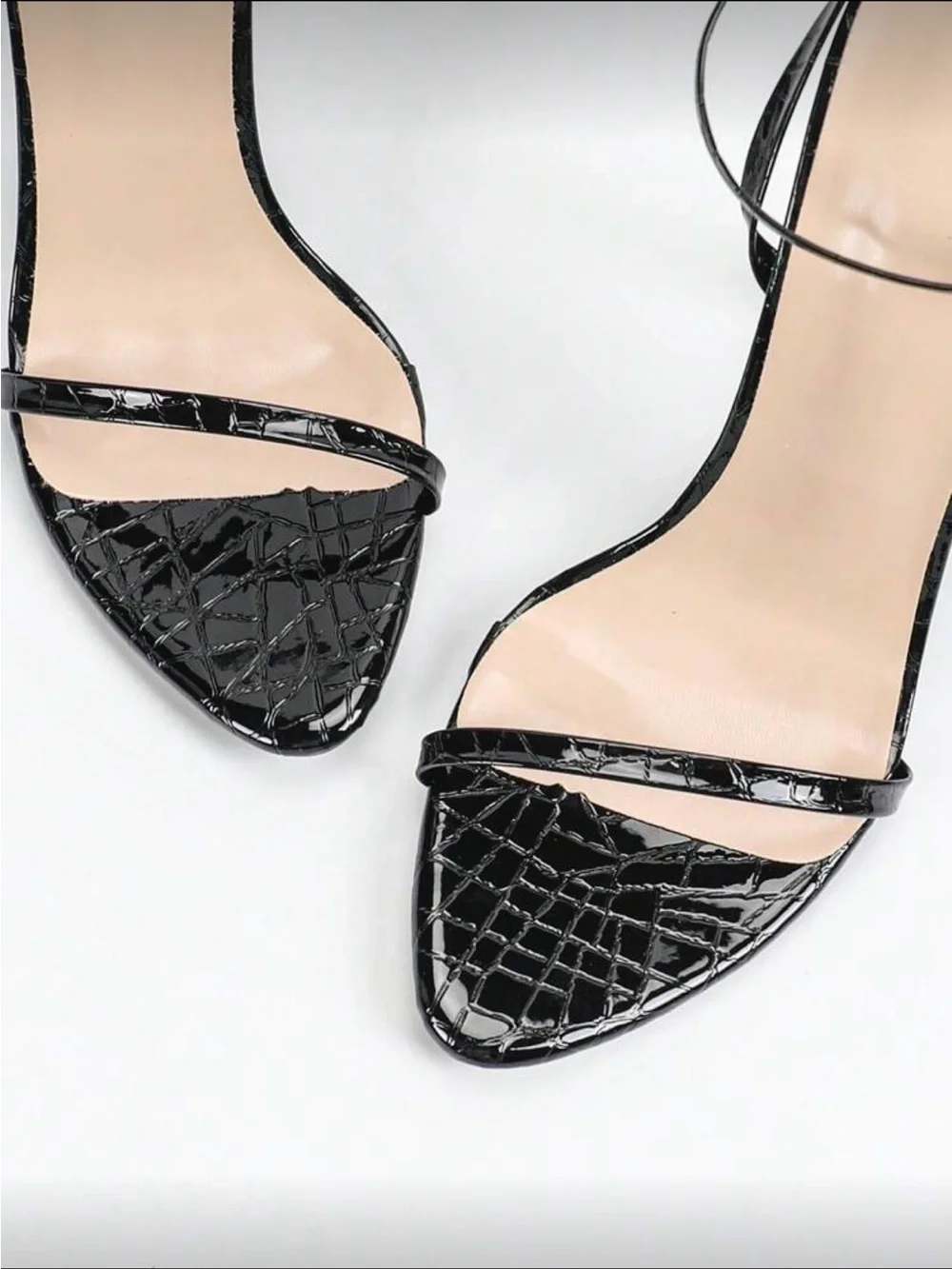 Black Patent Croc-Texture Stiletto Ankle-Strap Sandal by